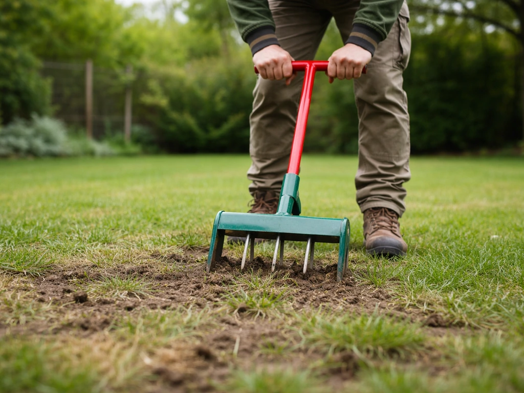 Jardinier anonyme aérant une zone clairsemée du gazon avec un aérateur portatif.
