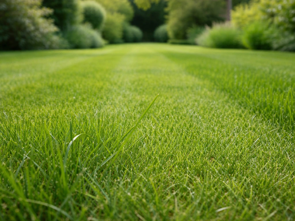 Gazon tondu au jardin, brin d’herbe net et arrière-plan de pelouse dense, pour illustrer une hauteur de tonte préventive
