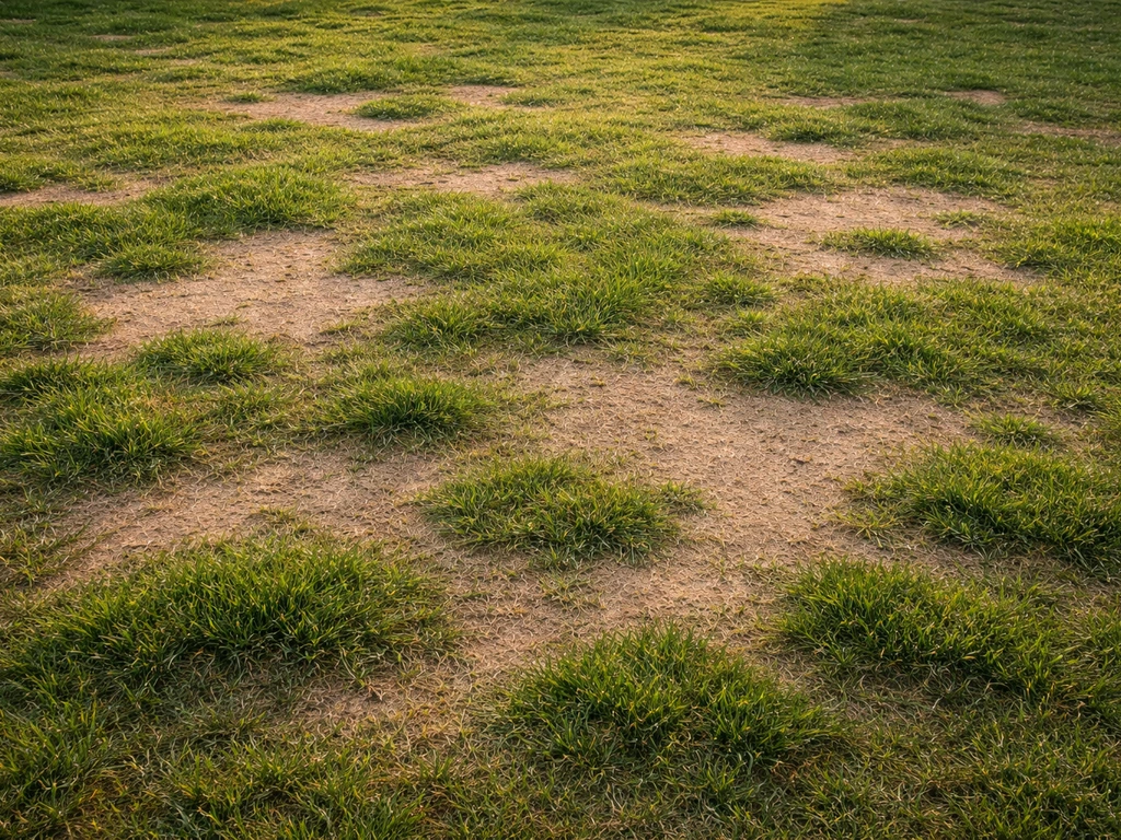 Gazon par endroits clairsemé, avec touffes irrégulières en relief évoquant des « patches » dans un jardin.