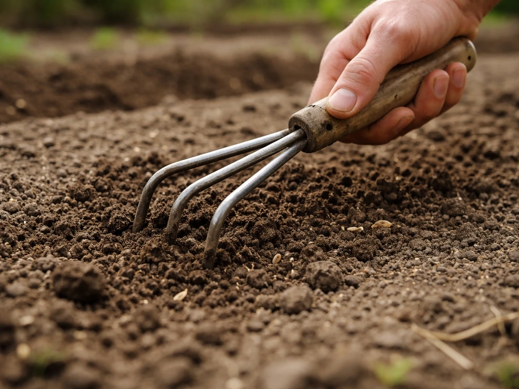 Jardinier au travail, griffe bêchant légèrement une zone de terre nue pour vérifier le contact sol/graine.
