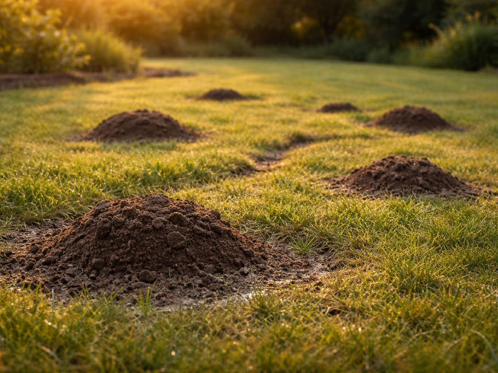 Pelouse bosselée avec plusieurs taupinières, sol légèrement humide, jardin calme sans personne.