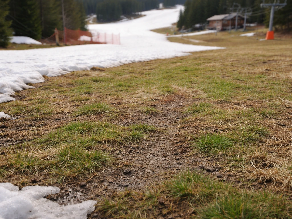 Gazon abîmé et rougi près d’une zone de départ aux abords d’une piste de ski, début de printemps