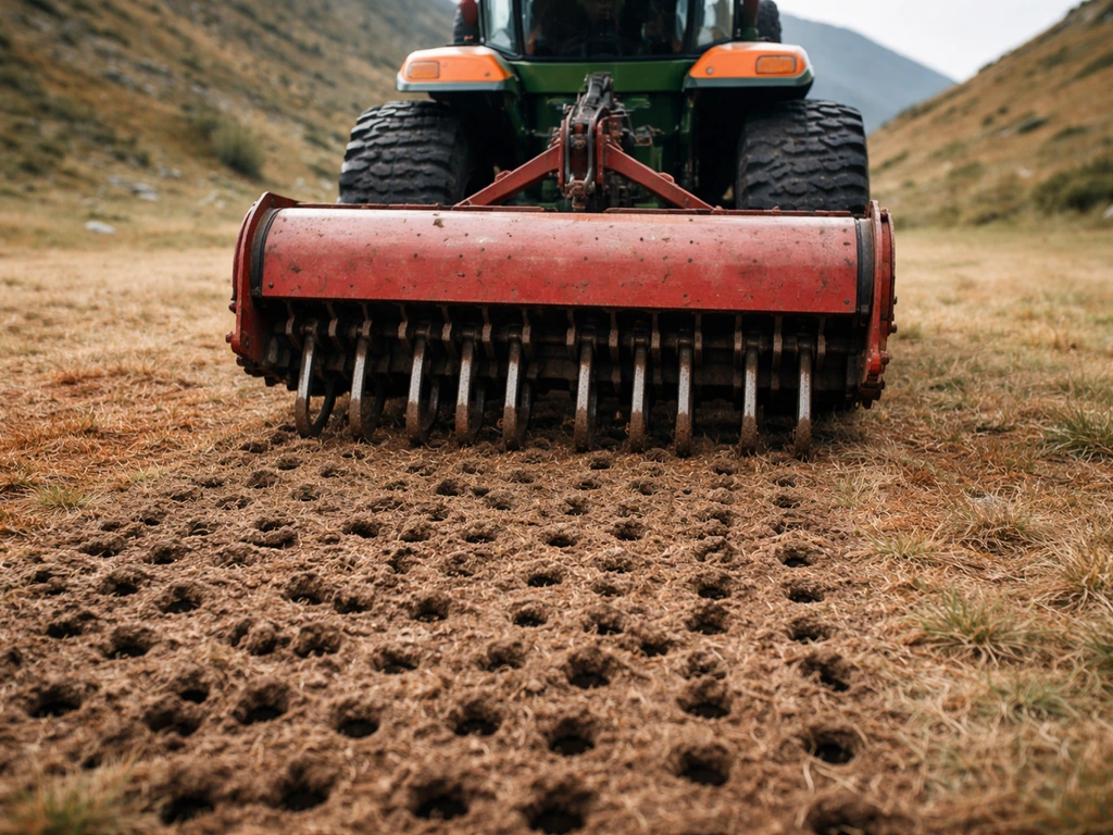 Aérateur à fourches creuses réalisant des trous de carottage sur une pelouse rougie et compacte en altitude.