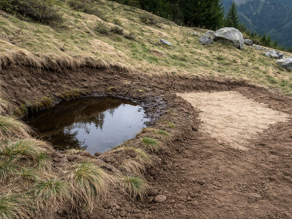 Flaque d’eau stagnante en terre montagnarde, sable et sol corrigé près de la zone humide pour améliorer le drainage.