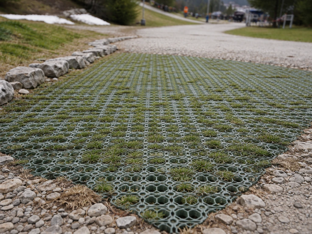 Dalles alvéolées de stabilisation posées dans un passage piéton, avec herbe visible entre les alvéoles.