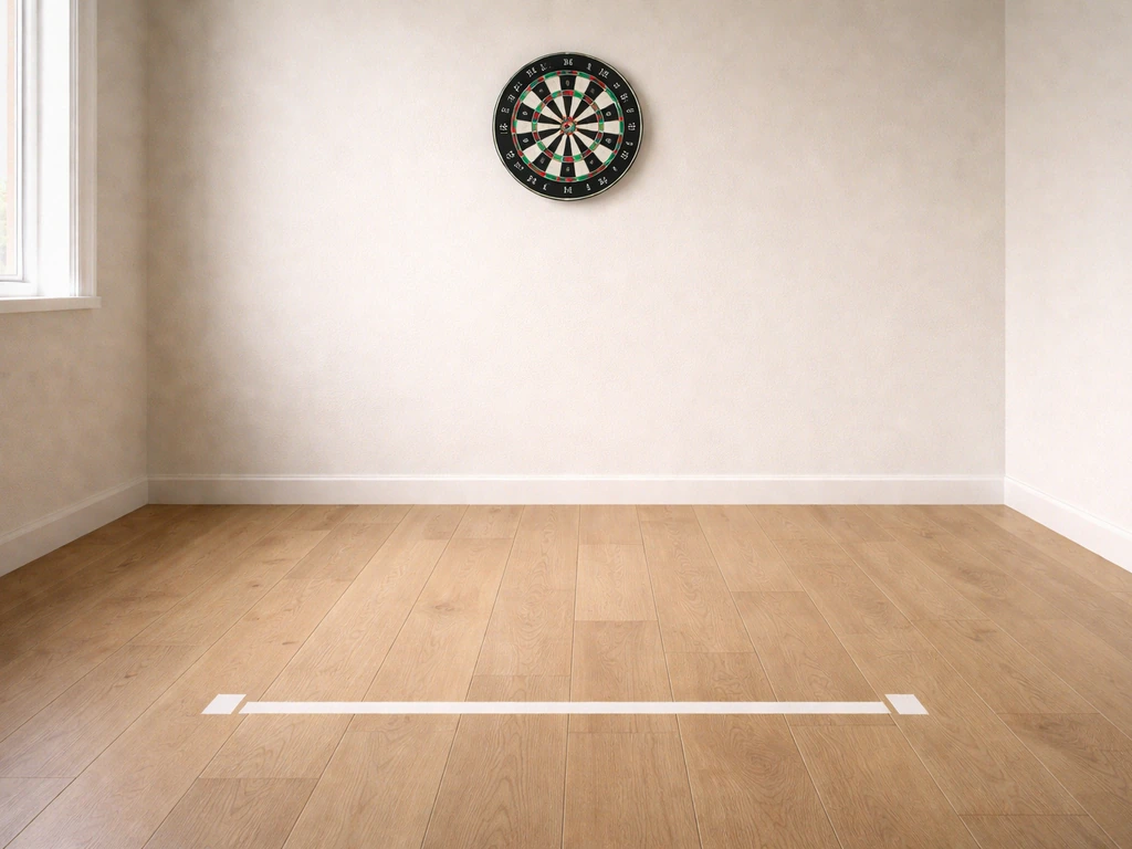 Vue simple d’une cible de fléchettes au mur, avec une ligne au sol figurant l’oche et la distance mesurée.