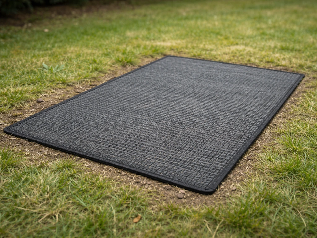 Plan rapproché d’un tapis de protection pour pelouse, bordures visibles, posé à plat sur l’herbe.