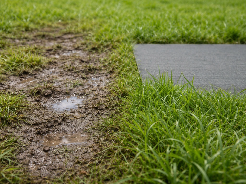 Deux zones de gazon : empreintes compactées avec eau qui stagne, et une zone protégée plus verte