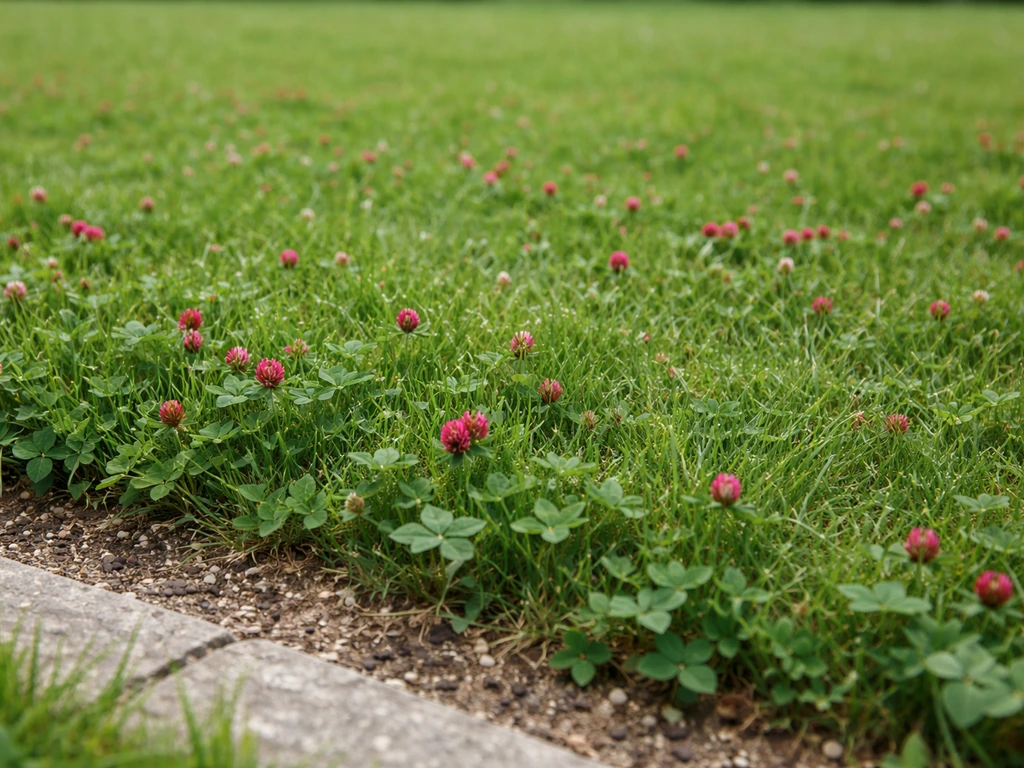 Pelouse française avec graminées et fleurettes de trèfle rouge, sol et bordure visibles, vue panoramique.
