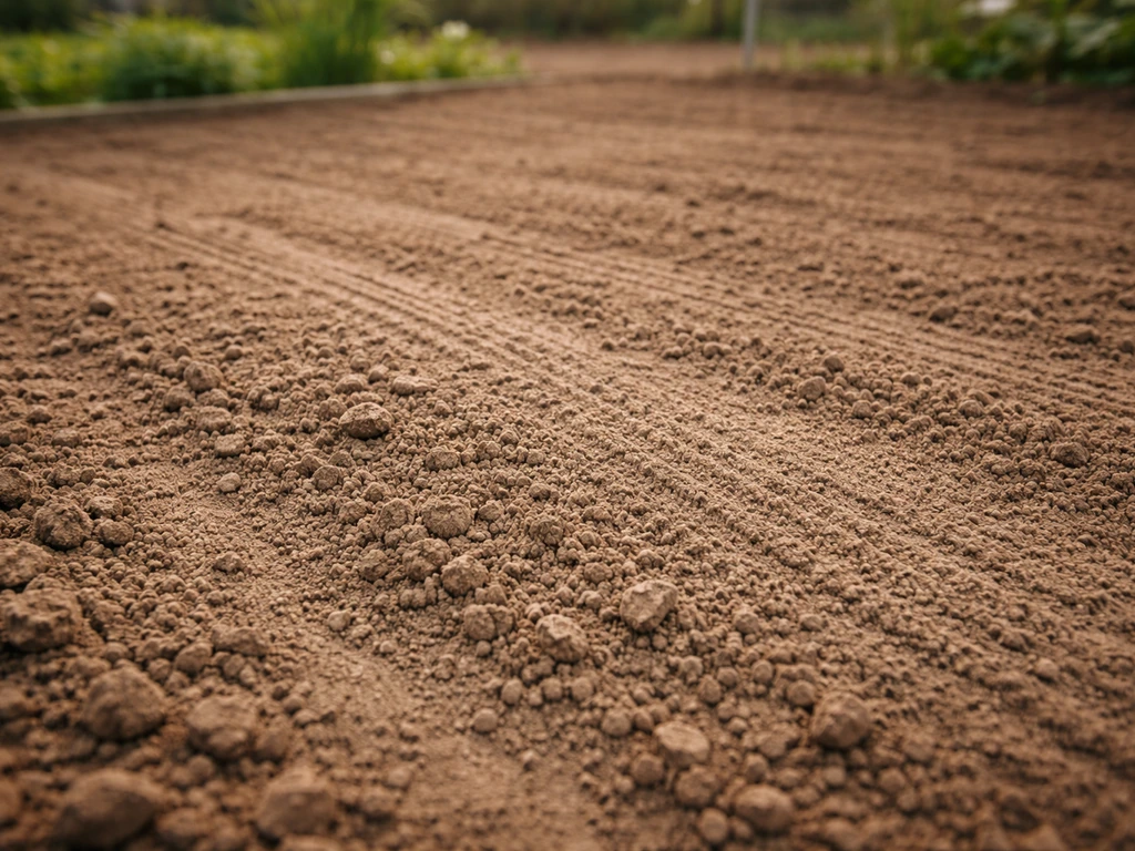 Gros plan de terre émiettée et ratissée, prête à être semée dans un potager.