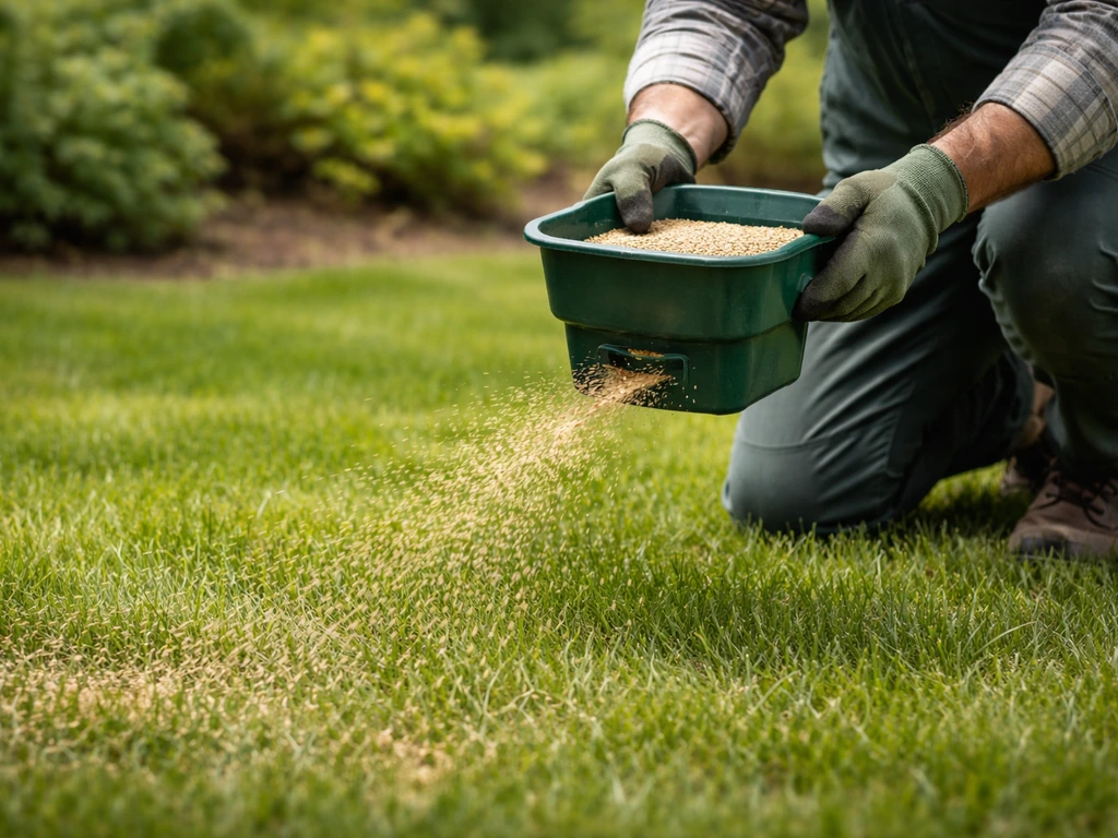 Jardinier anonyme épand des graines au sursemis avec un semoir à main sur une pelouse existante.