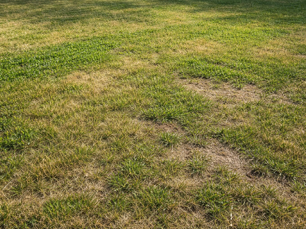 Pelouse jaunie avec microzones où le trèfle rouge semble absent, vue au ras du sol.