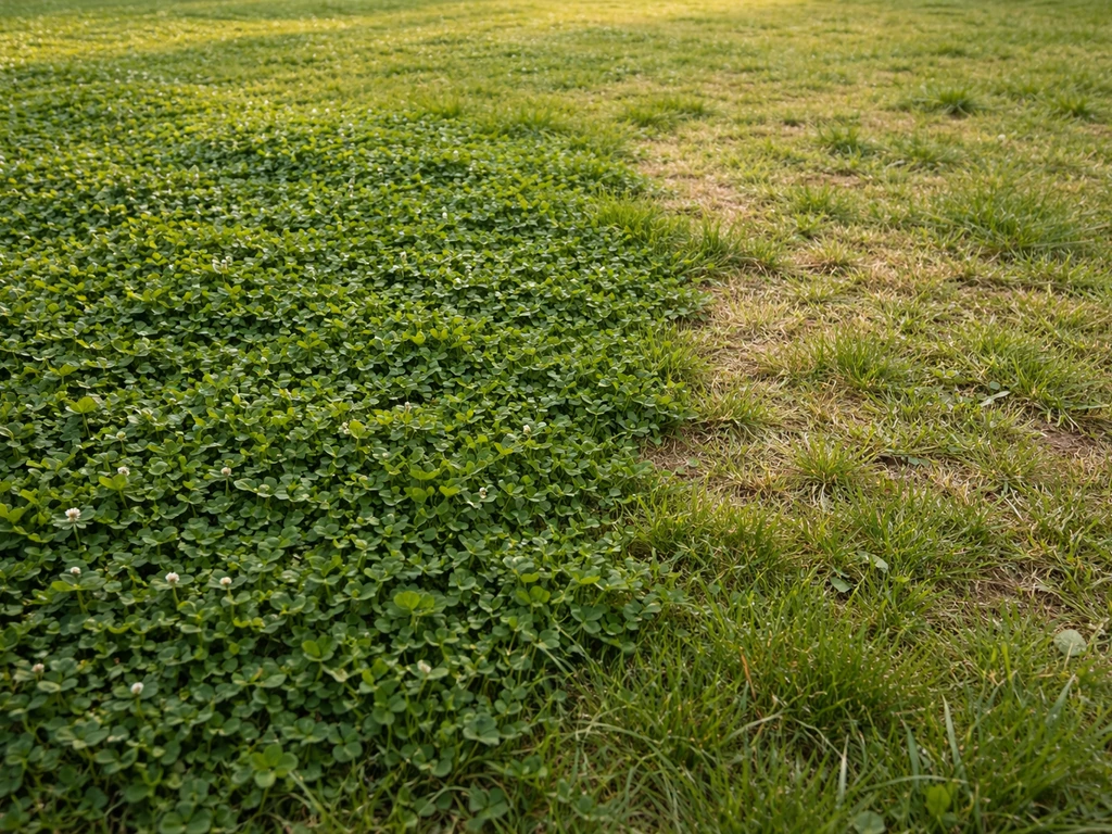 Patch de trèfle très dense contrastant avec une zone plus claire et clairsemée sur une pelouse