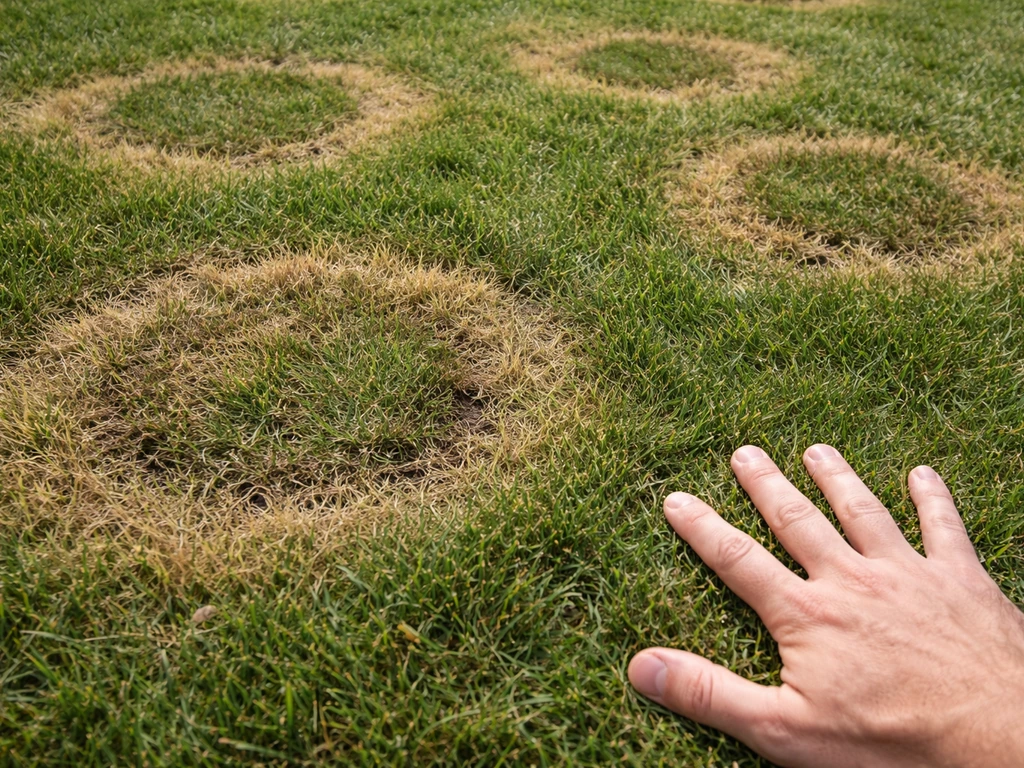 Main près de plaques circulaires brunâtres dans le gazon, montrant la taille d’un anneau