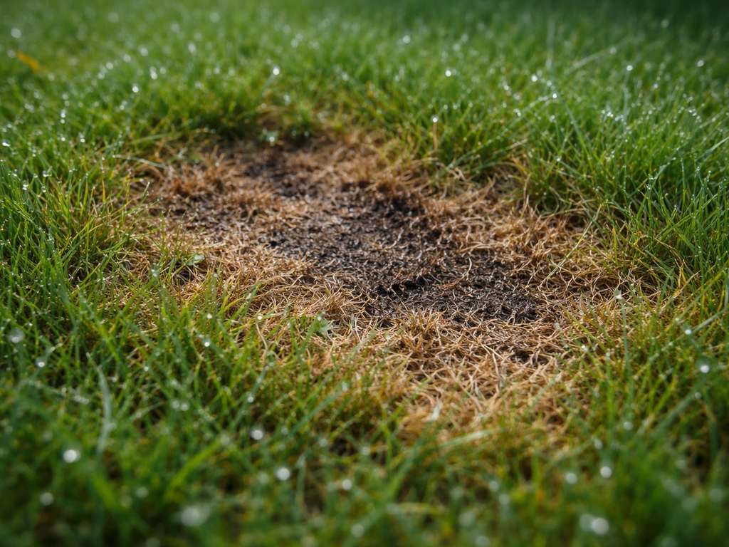 Gazon brun irrégulier avec rosée et zones nécrosées, suggérant une plaque brune sous humidité