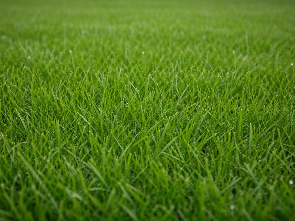 Gros plan d’une pelouse très dense, vert uniforme sans zones jaunes, avec texture d’herbe visible.