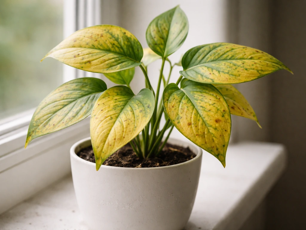 Feuilles de plante en gros plan, avec zones jaunes et taches brunes, sur fond de terre humide.