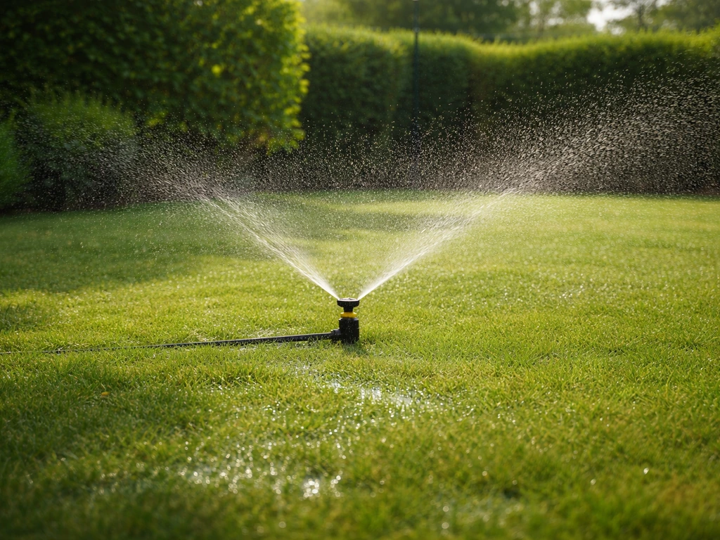 Arroseur automatique en fonctionnement en fin de matinée, gouttes et sol humidifié dans un petit jardin.
