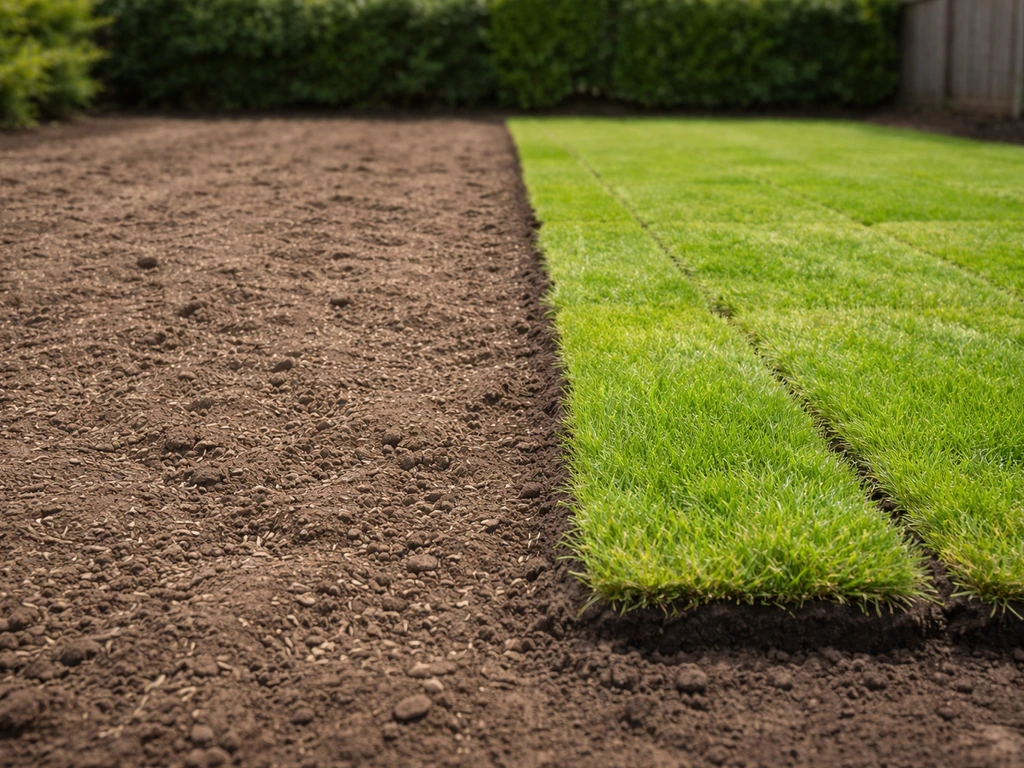 Sol griffé avec semences à gauche et plaques de gazon en rouleaux à droite, comparaison dans le jardin.