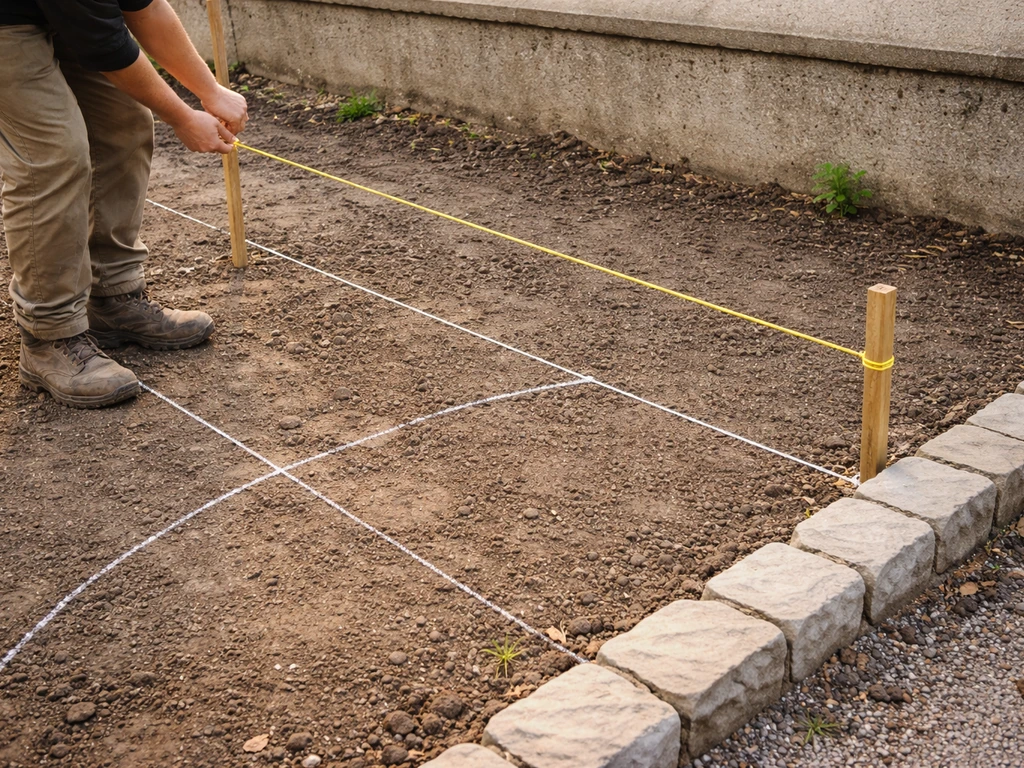 Un tracé au sol avec piquets et ficelle tendue pour aligner lignes droites et courbes avant la pose.