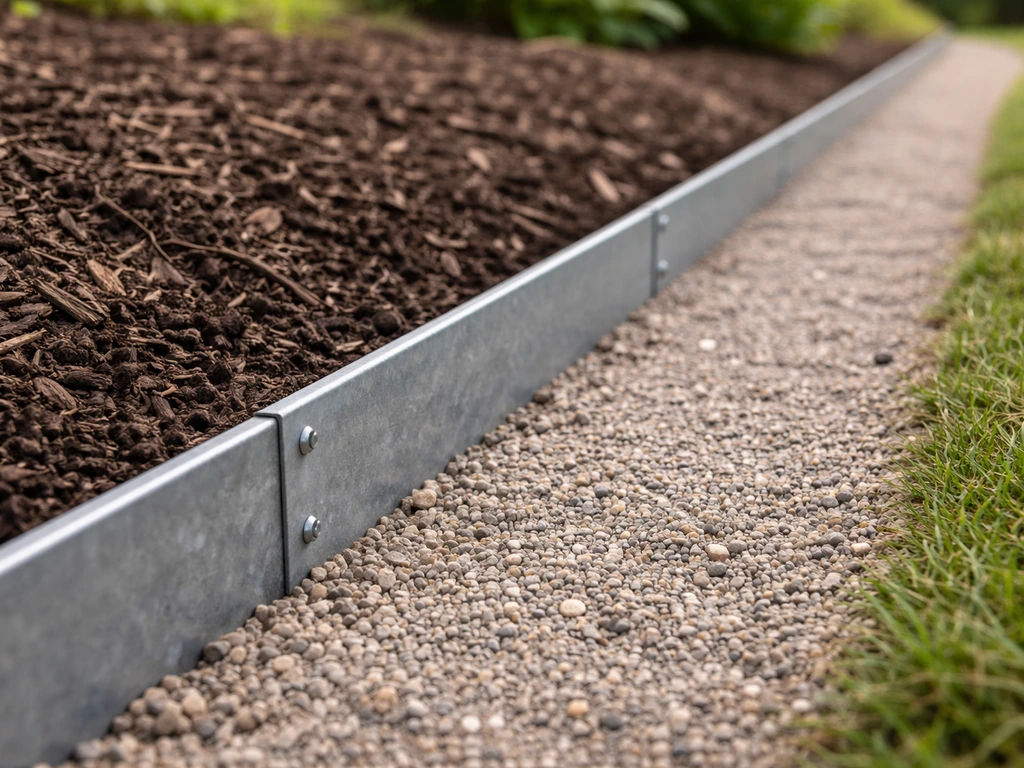 Bordure en acier galvanisé installée le long d’une allée, séparant deux zones de jardin aux textures différentes.