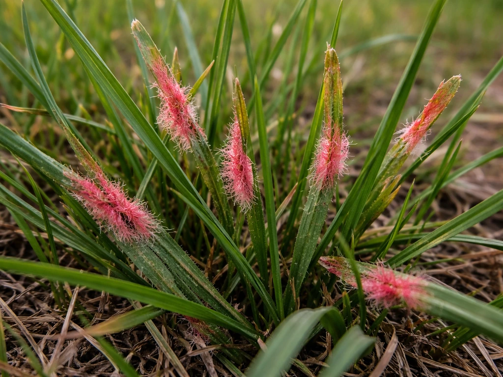 Gros plan d’herbe au sol avec des brins portant des taches irrégulières rosées/rougeâtres.