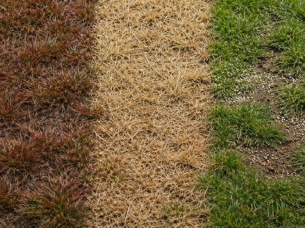 Pelouse en trois zones côte à côte : rouge-brun humide, herbe sèche jaune, zone verdâtre liée à engrais/compactage.