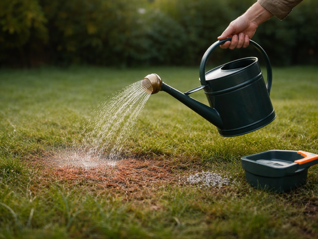 Arrosoir et épandage d’engrais azoté sur le gazon, matin lumineux, zones de jardin atteintes visibles