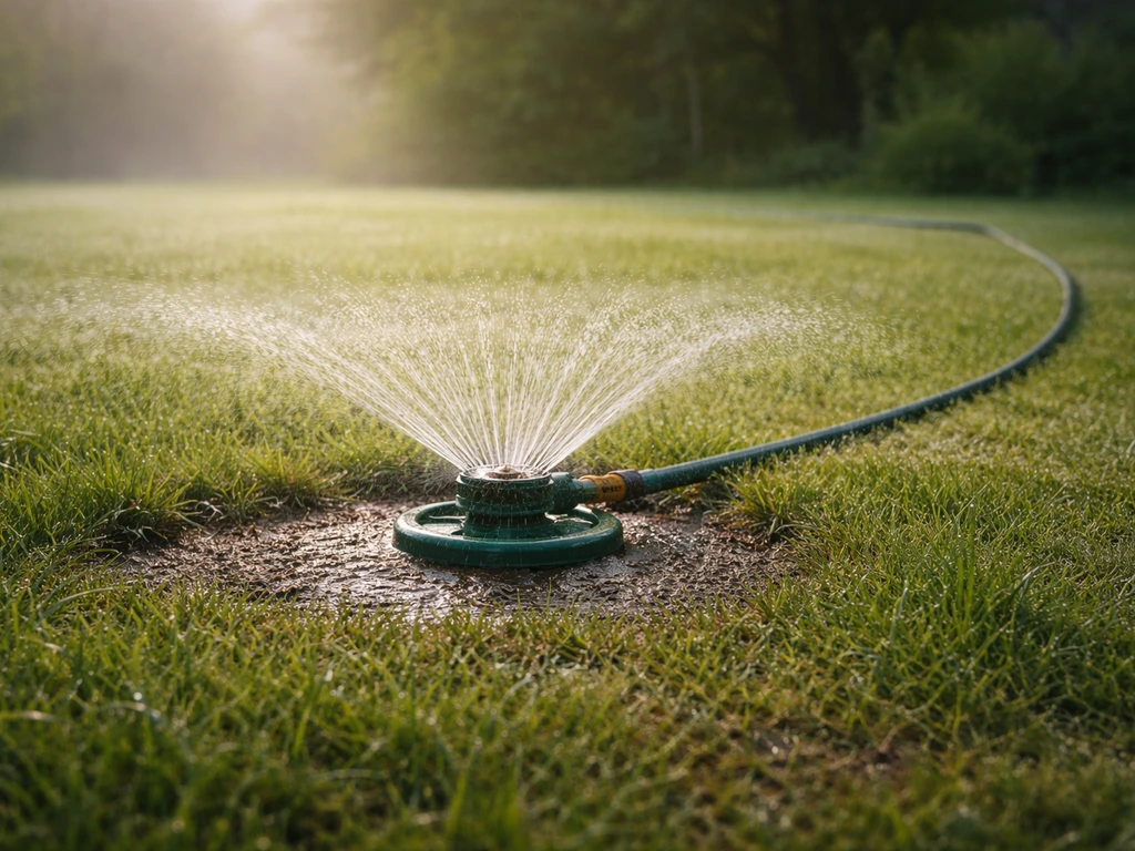 Tuyau et arroseur tôt le matin sur un sol drainé, eau qui ne stagne pas dans un jardin