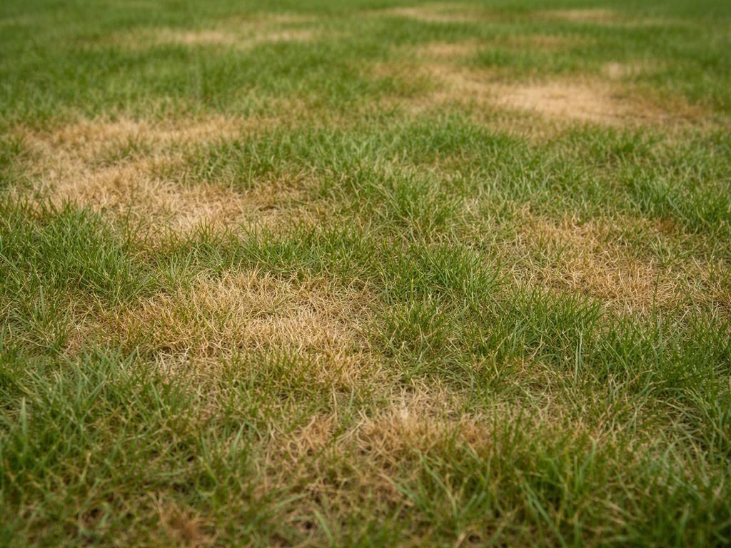 Gros plan de gazon avec taches jaunes et brunes, illustrant la comparaison visuelle des maladies.