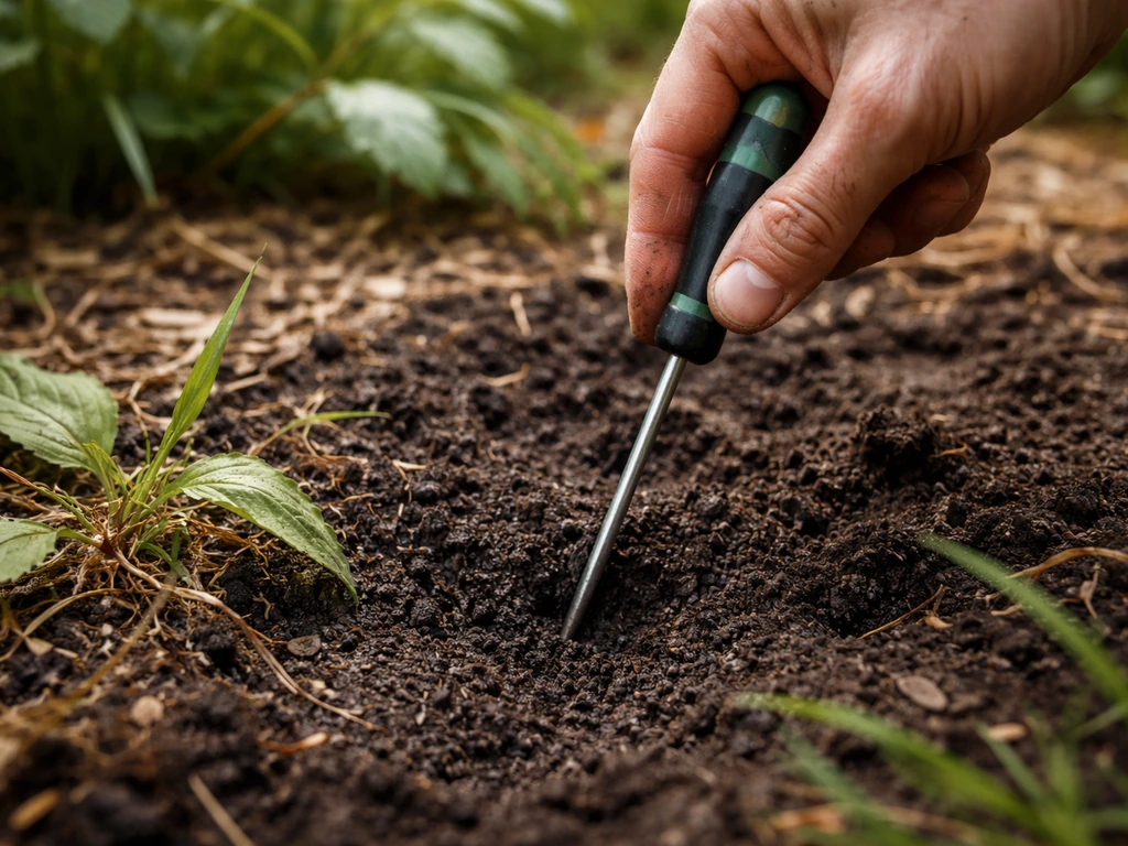 Main enfonçant un doigt dans le sol humide près d’un jardin, diagnostic rapide au bord d’une zone touchée