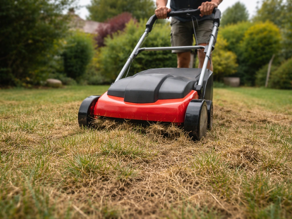 Scarification d’une pelouse malade : un outil soulève la feutrure pour aérer le sol.